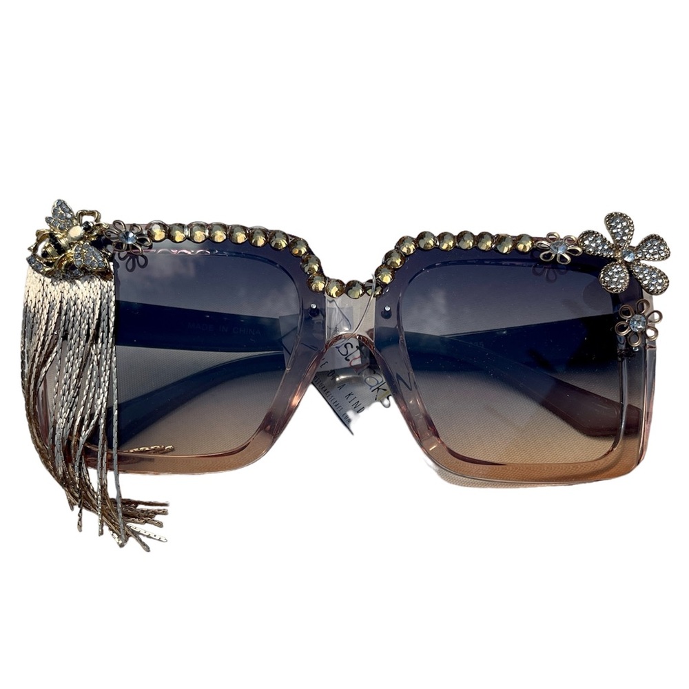 Handcrafted Unique Floral Rhinestone Chain Trim Sunglasses Festival Wear NWT